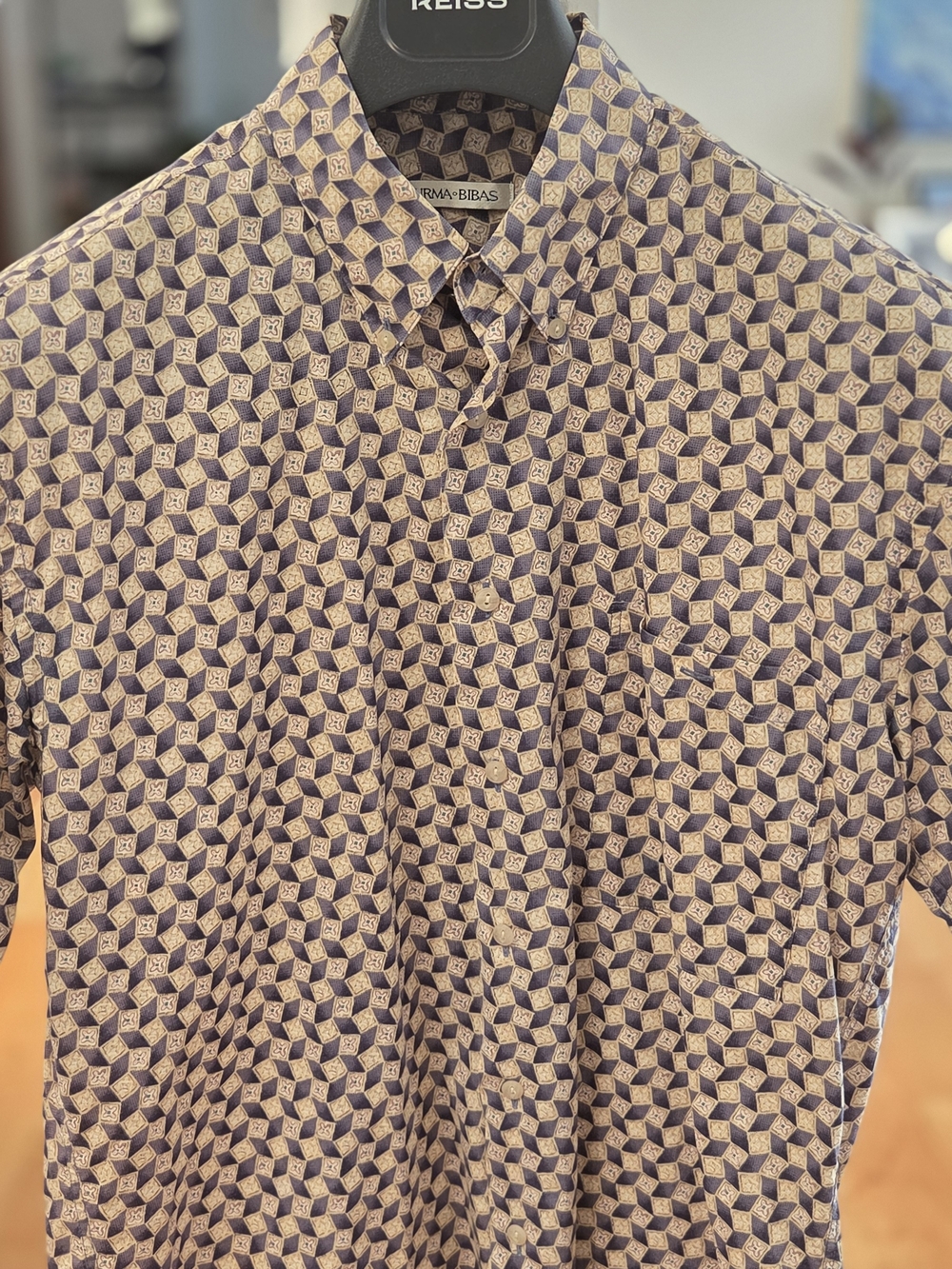 Burma Bibas Mens Geometric Navy/Beige Single Cotton Lawn Vintage SS Shirt (M)